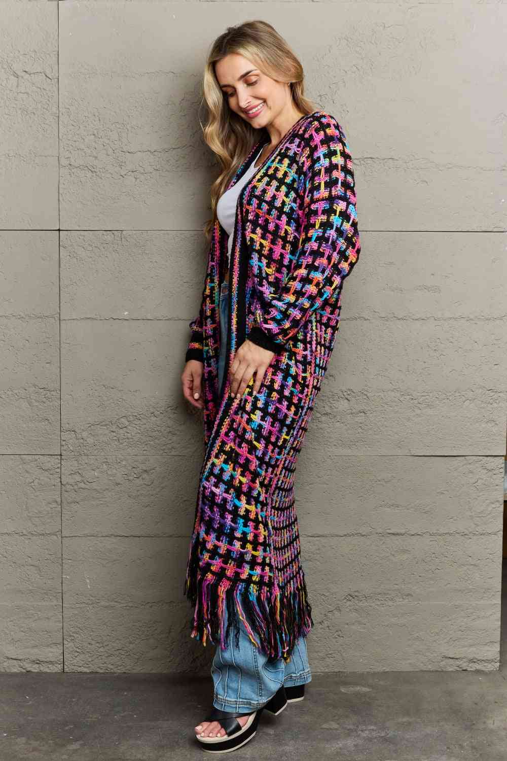 Multicolored Open Front Fringe Hem Womens Cardigan Sweater - US2EInc Apparel Plug Ltd. Co