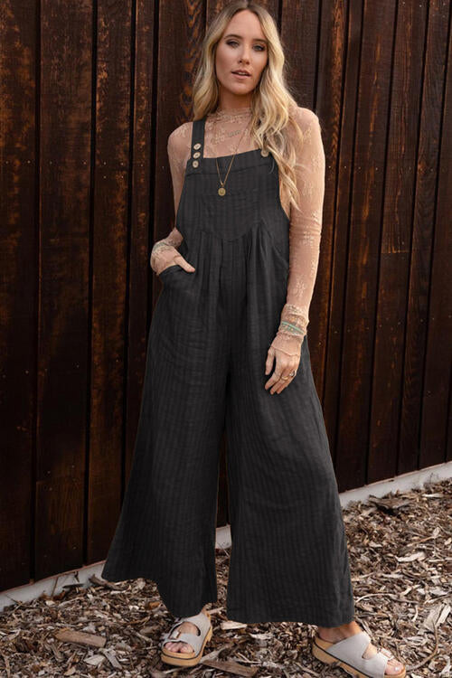 Texture Buttoned Wide Leg Womens Overalls - US2EInc Apparel Plug Ltd. Co