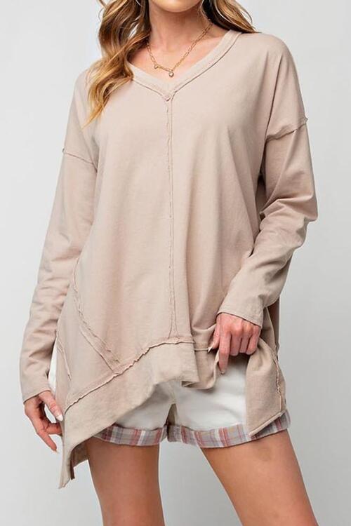 Exposed Seam V-Neck Long Sleeve Slit Womens Sweatshirt - US2EInc Apparel Plug Ltd. Co